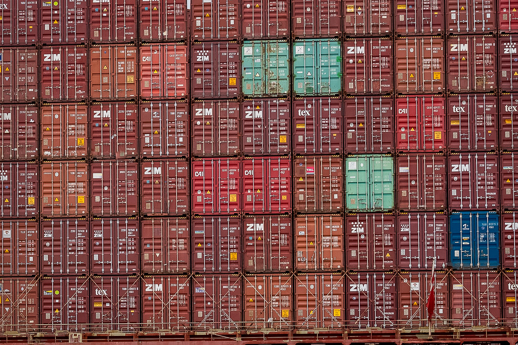 Shipping containers aboard a vessel at the Port of Savannah, July 2021.